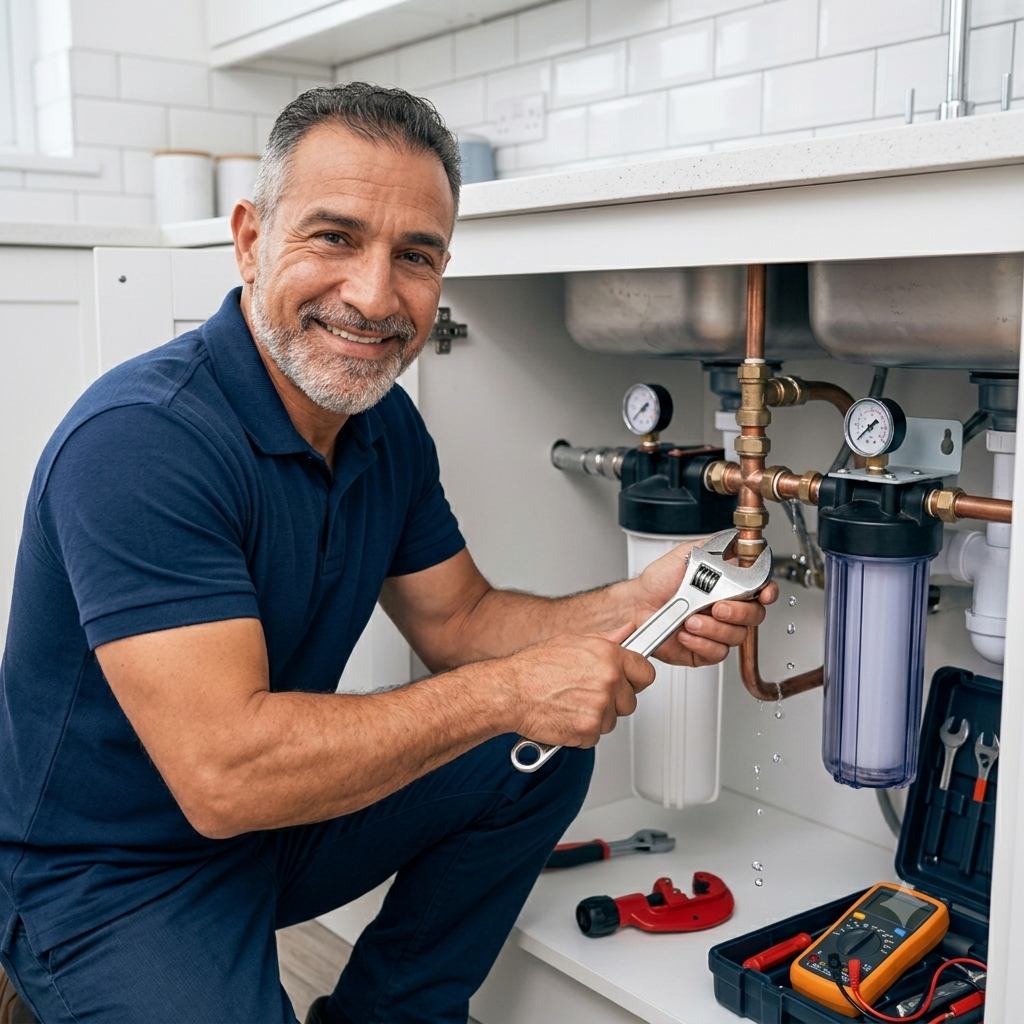 The plumber behind AVEC Plumbing Services repairing pipework under a kitchen sink